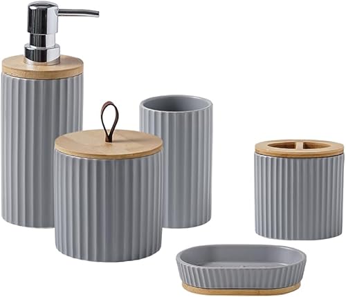 Juego de accesorios de baño grises, contemporáneo y elegante juego de accesorios de baño de cerámica de 5 piezas con soporte para cepillo de