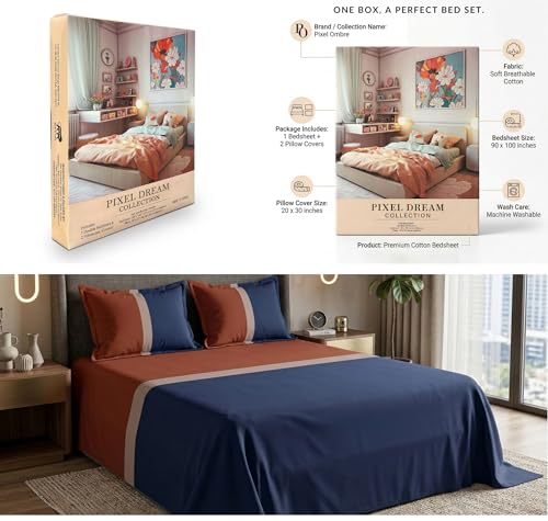Image of VAS COLLECTIONS Premium Cotton Bedsheet for Double Bed with 2 Pillow Covers - Soft, Breathable & Wrinkle Resistant Cotton Bedding Set, King Size Bed Sheet 90 x 100 Inches (Navy Orange)
