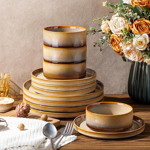 Image of TheTerra Ceramic Dinnerware Sets for 4, 12 Pieces Porcelain Lightweight Plates and Bowls Sets, Scratch Resistant Dish Set, Oven & Microwave & Dishwasher Safe, Creamy Amber