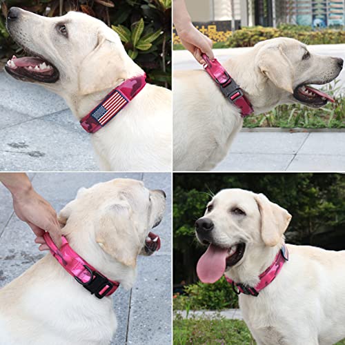 Hotsky Tactical Dog Collar, Havey Duty Dog Collar For Medium Dogs, Adjustable Nylon Dog Collars With Handle And Metal Buckle For German Shepherd, With Airtag Holder And Patches(Hotpink Camo, M) #TOP5