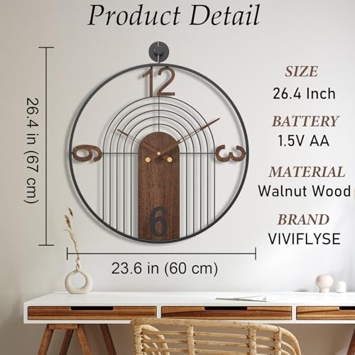 Image of Large Modern Walnut Dial Wall Clock, Wood Metal Frame Silent Non Ticking Decoration Wall Clocks for Living Room, Bedroom, Kitchen, Study, Handmade Home Decor Gift Idea, 26.4 Inch