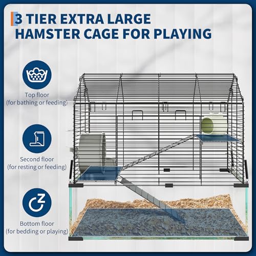 3-Tier Large Hamster Cage, 360° Viewing Transparent Guinea Pig Cage with Running Wheel, Food Dish, Hut, Water Bottle, Spacious Gerbil & Chinchilla Enclosure by BouPower - Image 4