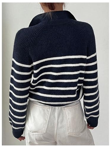 MakeMeChic Women's Collared Striped Sweater V Neck Long Sleeve Pullovers Casual Knit Tops2