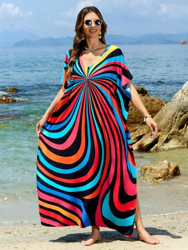 Image of sunforyou Kaftan Dresses for Women Plus Size Lightweight Swimsuit Cover up Batwing Sleeve Print Loungewear Beach Robe