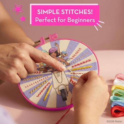 Image of Barbie Embroidery Kit for Kids Ages 8-12 - 8 Beginner Designs, 2 Hoops