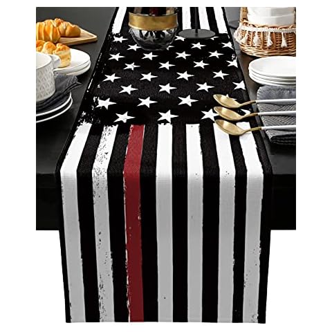 Ldtrchee Thin Red Line Black Table Runner - Cotton Linen 120 Inches Long, American Firefighter USA Flag Dress Scarves, Rustic Table Runner for Dining/Coffee/Holiday Table, Fireman Gift Home Décor Cover