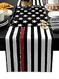 Thin Red Line Black Table Runner - Cotton Linen 72 Inches Long, American Firefighter USA Flag Dress...
