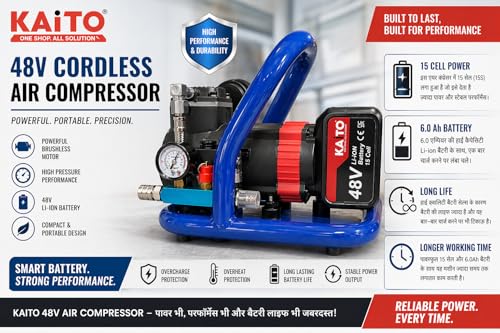 Image of KAITO 48V Cordless Air Compressor Machine | Portable Heavy-Duty Mini Compressor Pump with 15-Cell Lithium-Ion Battery & Charger | 175 Max Pressure, 75dB | Cars, Bikes, Nailing & Spray Painting Black