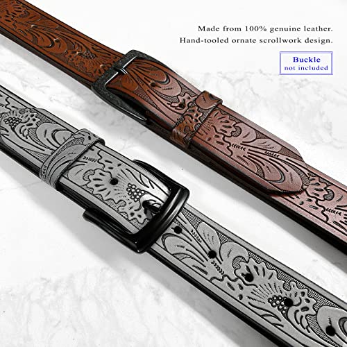 BS220 Western Floral Engraved Embossed Tooled Genuine Leather Belt Strap w/Snaps 1 1/2" Wide (Brown, 44)