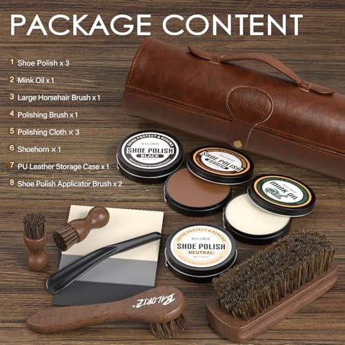 13Pcs Shoe Polish Kit, Shoe Shine Kit for Men & Women with Horsehair Shoe Polish Brush, Black Brown Neutral Mink Oil for Leather Boots Shoe Care Kit as Christmas Gift for Men with Care Cloth - Thumbnail 2