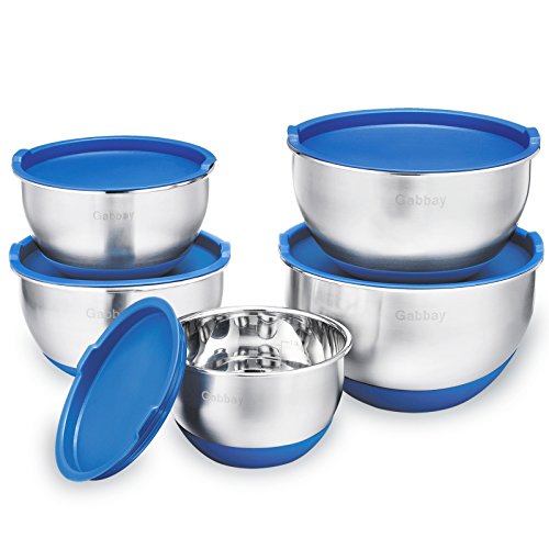 5 Piece Stainless Steel Mixing Bowls Set With Lids, Non-Slip Silicone Bottom, Stackable For Minimal Storage by Gabbay- 1,2,2.5,3.5,4.5 Qt.
