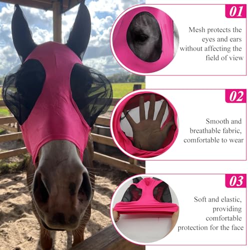 5Pcs Horse Fly Masks for Horses Smooth and Elasticity UV Protection Fly Mask with Ears and Large Eye Space Horse Face Covering for Riding Supplies(,Purple, Blue, Pink, Black, Gray) - Thumbnail 3