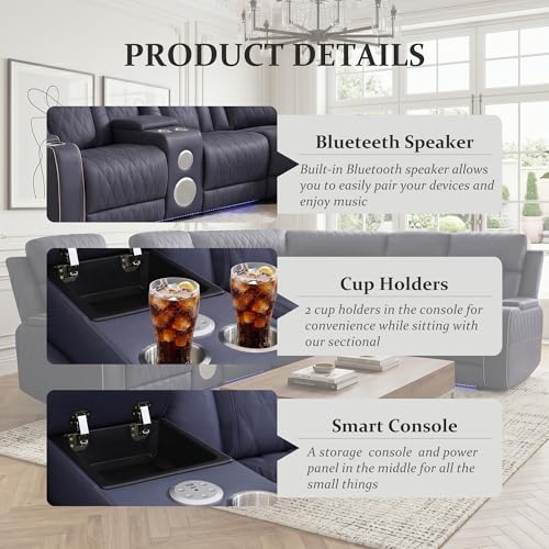 Image of Power Recliner Sectional Sofa, L-Shaped Living Room Furniture, 5 Seaters Reclining Sectional Couch with Storage Console /Cup Holder, Navy Leather Furniture for Living Room /House /Apartment