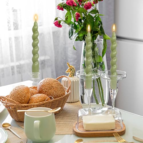 Image of DRIPLESS Unscented Twisted Taper Candles Handmade Candlestick Grass Green Spiral Taper Candles 7.5 Inch Decorative Candle Smokeless for Party Gifts 2 PCS