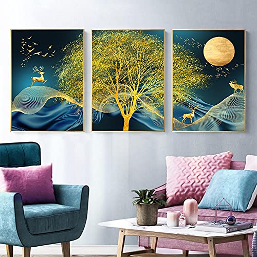 Peinture sur toile arbre doré élan triptyque 60x90cm idéal pour illuminer un salon sombre