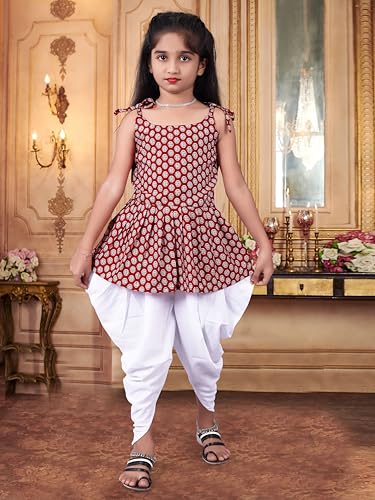 Image of Girls Ethnic Printed Peplum Top and White Dhoti Pant Set | Stylish Sleeveless Kurti with Comfortable Bottom | Traditional Festive Outfit for Kids