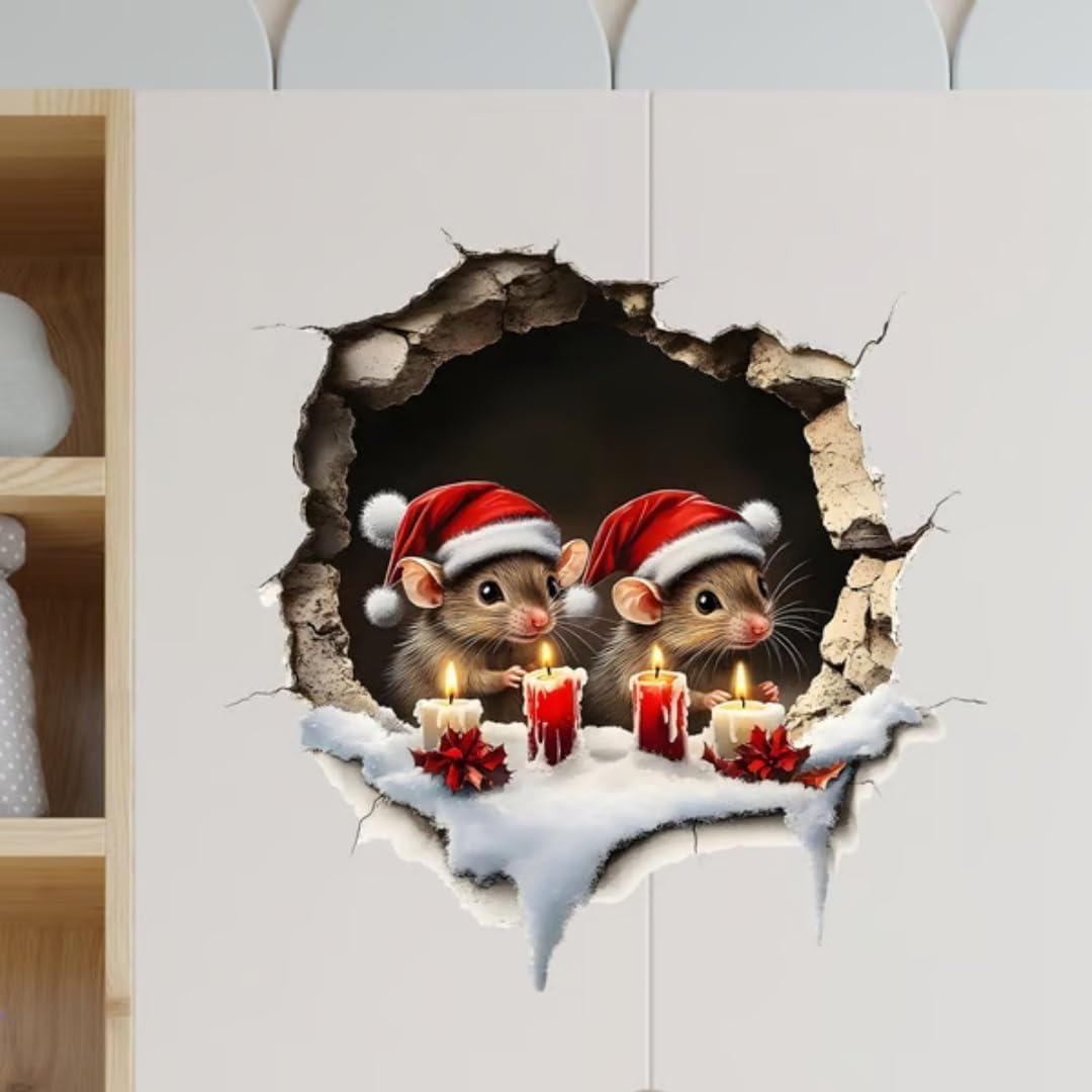 3D Santa Claus Christmas Wall Decals, Break Through Wall Reindeer Door Stickers, Removable Winter Holiday Window and Refrigerator Decorations (#E)