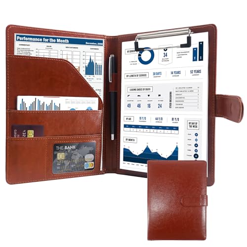 GraduatePro A5 Clipboard Folder with Storage Leather Waterproof Magnetic Conference Presenter Document Business Organizer Sleeves Brown