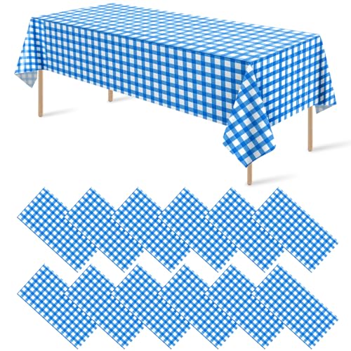 Image of 12 Pack Blue and White Plastic Checkered Tablecloth, Premium Decorative Disposable Blue Gingham Plaid Table Cloths for Parties, Rectangle Party Table Cover for Picnic Farm Birthday Wedding, 54x108Inch