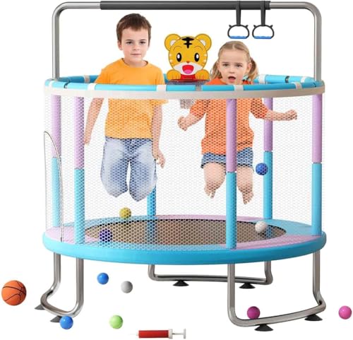 Trampoline Enfant 1.5m avec Accessoires de Sport, 200kg Capacité Trampoline réglable pour bébés et Bambins avec Panier de Basket, balançoire, Sac de Sable, balles océaniques (Bleu)