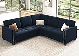 HONBAY Velvet Convertible Sectional Sofa L Shaped Couch Reversible 4 Seat Corner Sectional Sofa for Small Space, Dark Blue