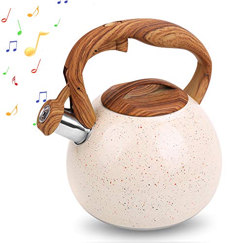 Whistling Tea Kettle Stovetop, 2.7 Quart Tea Pot for Stove Top, Stainless Steel Teapot with Whistle & Heat Resistant Wood Pattern Handle, Water and Coffee Kettle, Suitable for All Heat Sources (White)