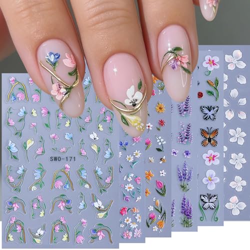 Flower 5D Embossed Nail Art Stickers 6PCS 3D Self Adhesive Colorful Nail Decals Lavender Tulips Vines Butterfly Designs Spring Summer Flower Petals DIY Manicure Nail Art Decoration for Women