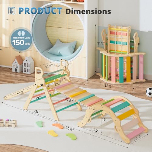 Image of BlueWood 10-in-1 Pikler Triangle Set, Toddler Climbing Toys Indoor, Montessori Climber, Baby Jungle Gyms with Arch, Extra Rope Ladder & Footprint Balance Beam - Rose Garden