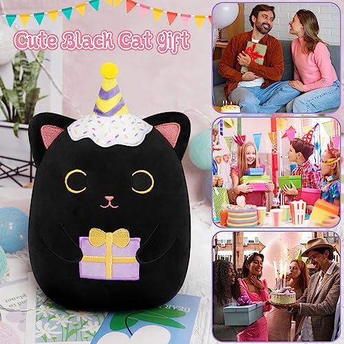 Yamepuia Black Cat Plush, 8" Cute Birthday Stuffed Animal Cat Plushies, Happy Birthday Black Cat Plush Pillow Doll, Soft Cartoon Cat Plush Birthday Gift for Kids