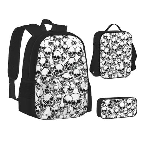 Black And White Skulls Pattern Print 3 Piece Set Backpack, Lunch Bag, Pencil Case, Cute Sturdy For College And Travel2