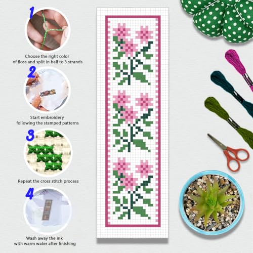 Image of BEUNITONE Cross Stitch Bookmark Kit 6 Pcs Flower DIY Bookmarks Cross Stitch Kits for Adults Beginners with Instructions Cute Pre-Sorted Floss Cross-Stitch Stamped Embroidery Kit for Gifts 8''x2.4''
