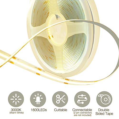 Image of DAYBETTER COB LED Strip, 16.4 ft Warm White LED Strip Lights, Dimmable LED Light Strip 3000K, 24V, 1600LEDs, 2835 Flexible LED Lights for Bedroom, TV, Kitchen Cabinet, Closet