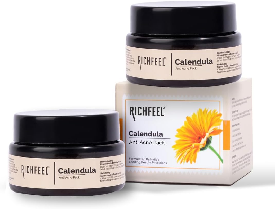 Richfeel Calendula Anti Acne Mud Pack | Power of Soothing Calendula, Super-mud Kaolin & Bentonite | Physician Formulated | 50g -Pack of 2
