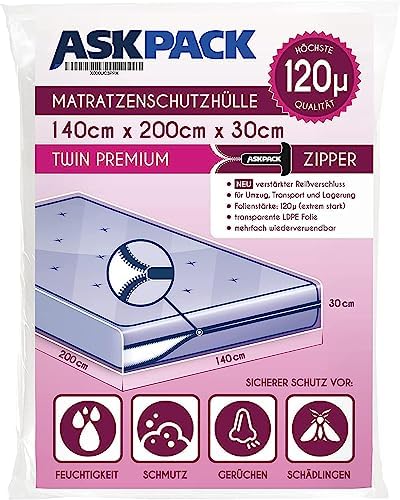ASK Pack Pokrowiec na Materac z Zamknięciem Samoprzylepnym - Rozmiarów od XS do XXL, Ultra odporny materiał (100µ), odporne na rozdarcia, Wielokrotnego Wodoodporny - Idealne do Transportu (160 x 200)
