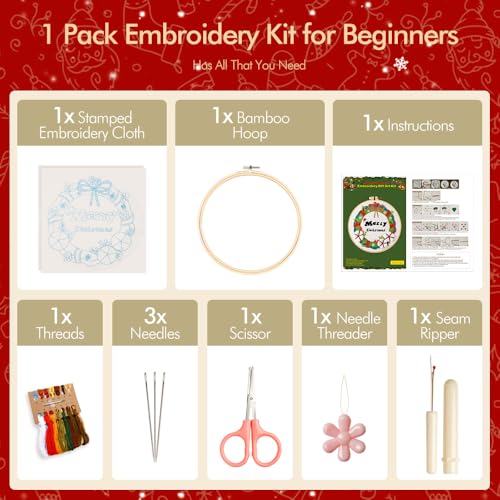 Image of wtisan Christmas Embroidery Kit, Cross Stitch Kits for Beginners, Needlepoint with All Tools & Instructions, Stamped Hand Embroidery Starter Kit for Holiday Crafts & Xmas Home Decor, W19