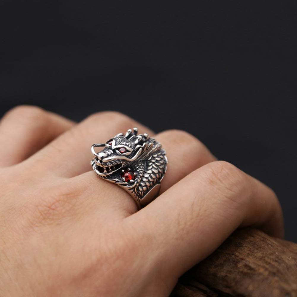 YABEME 925 Sterling Silber Dragon Red Zirkon Edelstein Ring Vintage Punk Gothic Geschnitzte Oberfläche Schmuck Frauen Männer Coole Geburtstagsfeier Biker Geschenk (Größen 17-28)