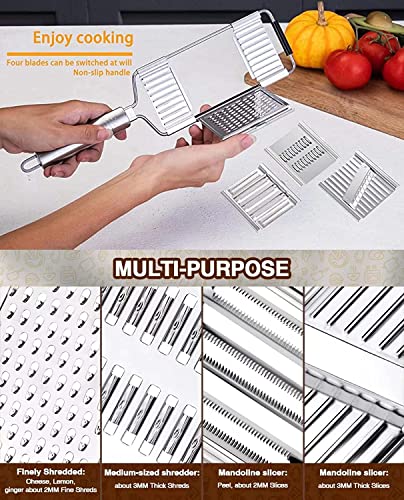 4 in 1 Multipurpose Vegetable Slicer Set, Cheese Grater Cabbage Shredder Kitchen Mandoline, Stainless Steel Vegetables Cutter with Cut Proof Glove, Handheld for Potato Lemon Ginger Onion Fruits - immagine 4