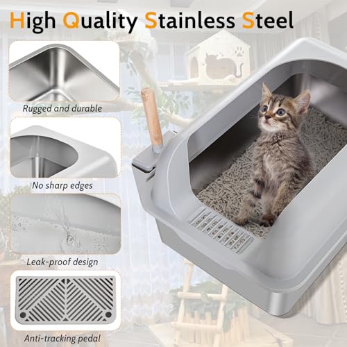 HYDRAGARDEN XL Stainless Steel Cat Litter Box Extra Large Metal Litter Pan Tray for Big Cats with High Sided Enclosure, Anti-Leakage, Easy Cleaning, Non-Sticky, Included Spoon & Aisle