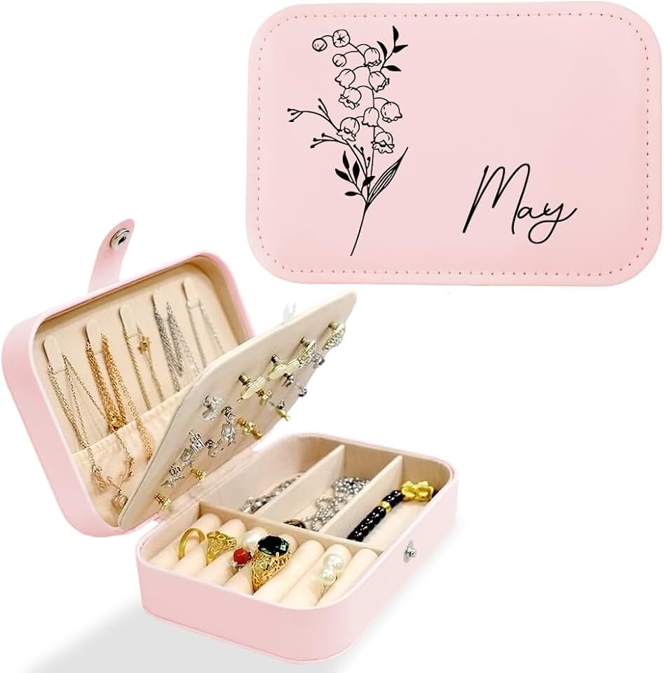 Personalized Travel Jewelry Box with Birth Flower, PU Leather Small Jewelry Organizer for Women Girls, Portable Travel Case Displa