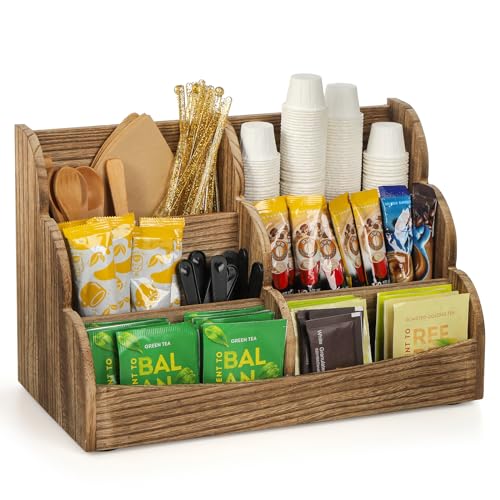 Dicunoy Coffee Station Organizer, Wood Tea Bag Holder for Counter, Rustic Vertical Coffee Condiment Storage Caddy with 6 Compartments for Kitchen, Office, Sugar Packets, Sweeteners by Dicunoy - Used condition - CA$11.33