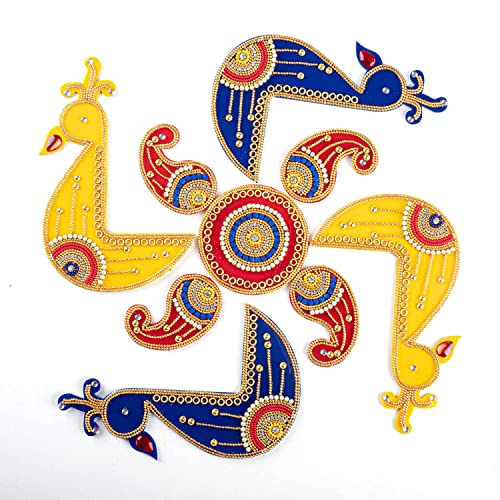 Floor Rangoli Acryl, handgefertigt, traditionelle indische Wohnkultur für Diwali, Festival, Hochzeit, Party, Wand, Innendekoration und Geschenk, Größe 30,5 cm (4 Pfauen) Cover