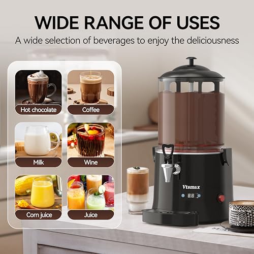 Vtsmax 10L/2.6Gal Commercial Hot Chocolate Machine Hot Drink Dispenser, 86-194°F Intelligent Temperature Control Hot Beverage Maker for Chocolate, Cocoa, Milk, Coffee, Juice, Black