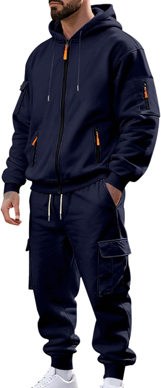 Men's Full Zip Hoodie Set Multi Pocket Cargo Sweatsuit