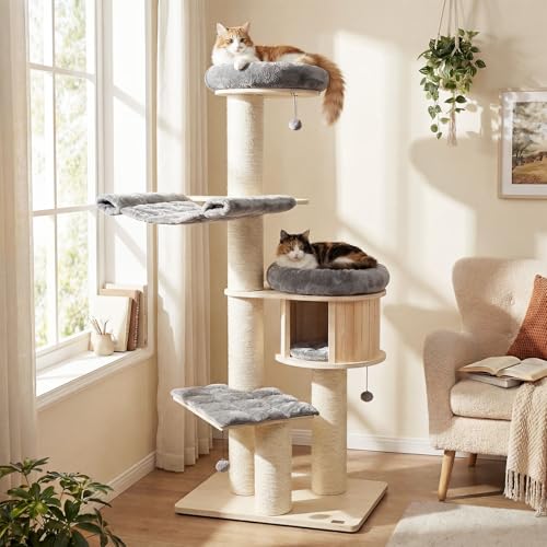 Image of Tangkula Modern Cat Tree, Multi-Level Large Cat Tower with Condo, Hammocks & Hanging Basket, Tall Cat Tree with Sisal Posts, Washable Cushions, Wood Cat Trees and Towers for Indoor Large Cats