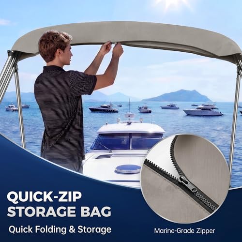 Bimini Top for Boats - 900D Waterproof & UV-Proof Polyester Sun Shade Boat Canopy with Zippered Storage Boot, 2 Rear Poles, 4 Adjustable Straps, Boat Bimini Top Gray (3 Bow 6'L x 46" H x 61"-66" W) by K-Musculo - Image 5