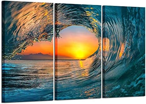 Kreative Arts Large 3 Pieces Canvas Prints Wall Art Sunset Sea Water Ocean Wave Pictures Paintings Modern Stretched and Framed Seascape Giclee Artwork Ready to Hang for Living Room Home Decorations