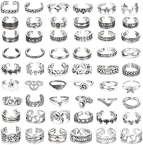 MJust 54Pcs Open Toe Rings Set for Women Men Adjustable Vintage Retro Knuckle Ring Toe Finger Tail Ring Beach Foot Jewelry (54Pcs)