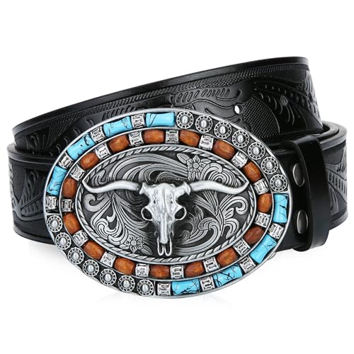 Image of Mens Western Cowboy Cowgirl Faux Leather Belt Longhorn Bull Pattern Letter Big Buckle Embossed Floral Belts