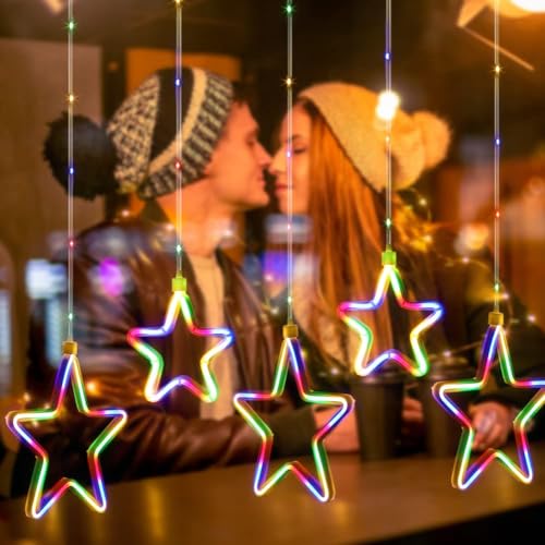 Quntis Star Curtain Lights Multicolor 8 Star 180 LEDs Christmas Window Curtain Lights, 8 Modes Plug In Connectable Curtain Fairy Lights for Holiday Backdrop Waterfall Indoor Outdoor Bedroom Party Wall
