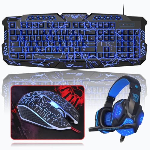 Rewurnth Gaming Tastatur und Maus Set mit Headset, QWERTZ DE Layout, Crack Beleuchtete Tastatur, 4 Farben LED Gaming Maus, Over-Ear Kopfhörer, Große Mausmatte, 4 in 1 PC Set für Mac PS5 Xbox Rewurnth Gaming Tastatur und Maus Set mit Headset, QWERTZ DE Layout, Crack Beleuchtete Tastatur, 4 Farben LED Gaming Maus, Over-Ear Kopfhörer, Große Mausmatte, 4 in 1 PC Set für Mac PS5 Xbox
